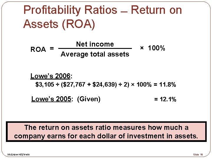 Profitability Ratios Return on Assets (ROA) Net income ROA = Average total assets ×