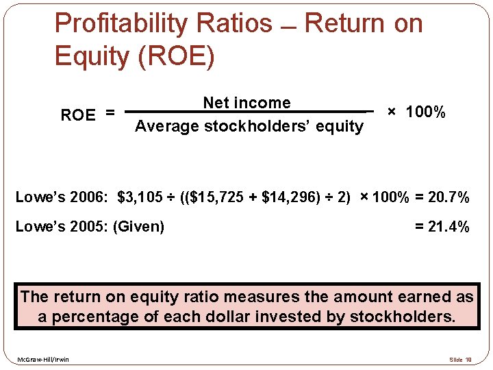 Profitability Ratios Return on Equity (ROE) ROE = Net income Average stockholders’ equity ×