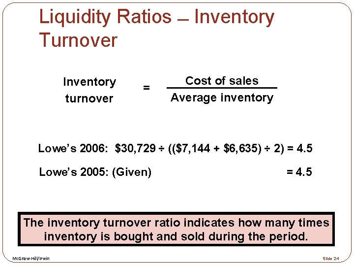 Liquidity Ratios Inventory Turnover Inventory turnover = Cost of sales Average inventory Lowe’s 2006: