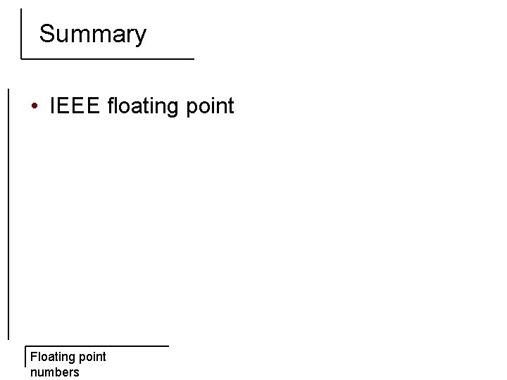 Summary • IEEE floating point Floating point numbers 