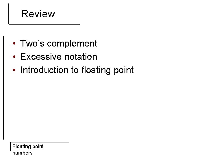 Review • Two’s complement • Excessive notation • Introduction to floating point Floating point