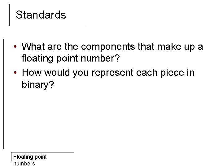 Standards • What are the components that make up a floating point number? •