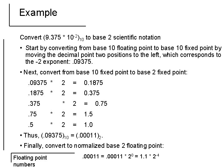 Example Convert (9. 375 * 10 -2)10 to base 2 scientific notation • Start