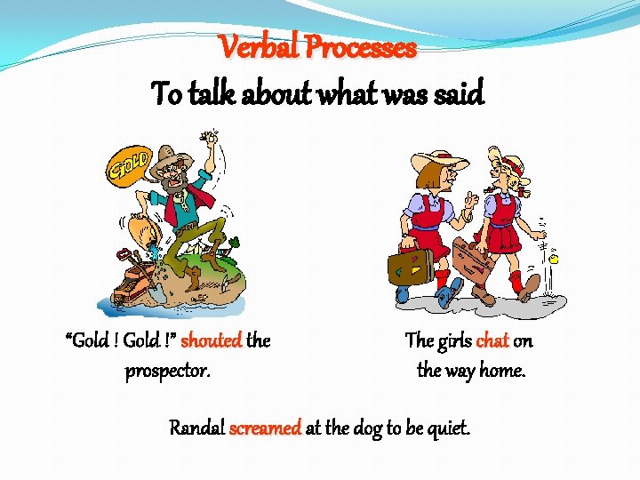 Verbal Processes To talk about what was said “Gold !” shouted the prospector. The
