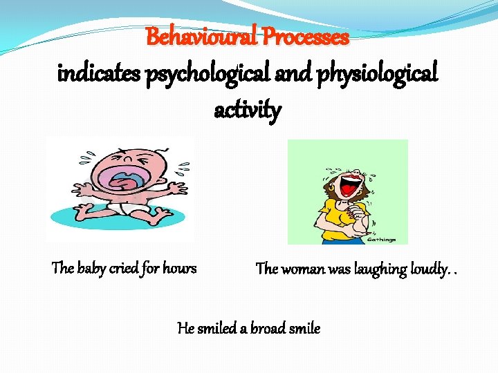 Behavioural Processes indicates psychological and physiological activity The baby cried for hours The woman