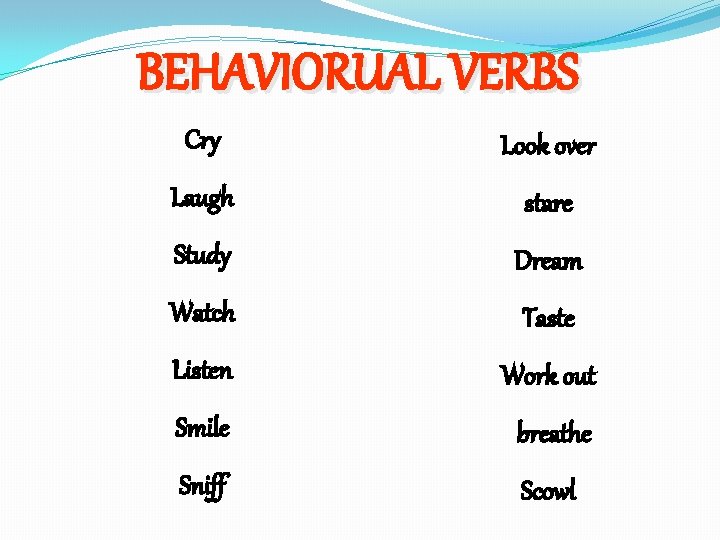BEHAVIORUAL VERBS Cry Look over Laugh stare Study Dream Watch Taste Listen Work out