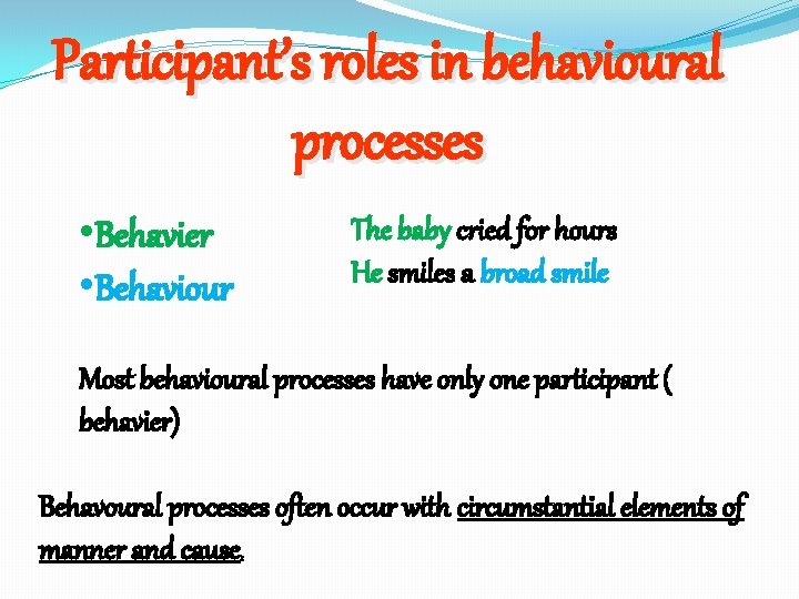 Participant’s roles in behavioural processes • Behavier • Behaviour The baby cried for hours