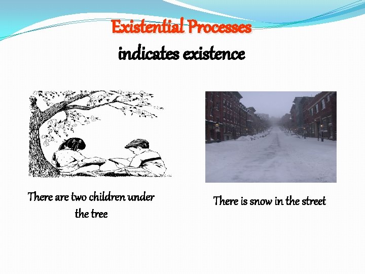 Existential Processes indicates existence There are two children under the tree There is snow