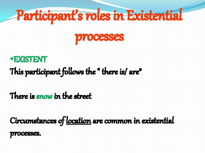 Participant’s roles in Existential processes • EXISTENT This participant follows the “ there is/
