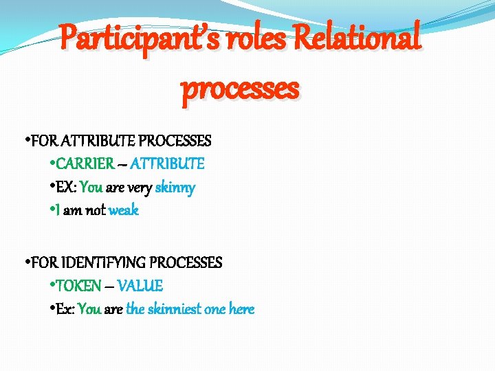 Participant’s roles Relational processes • FOR ATTRIBUTE PROCESSES • CARRIER – ATTRIBUTE • EX:
