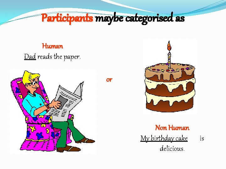 Participants maybe categorised as Human Dad reads the paper. or Non Human My birthday