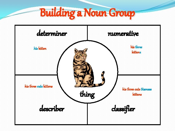 Building a Noun Group determiner numerative his three kittens his kitten his three cute