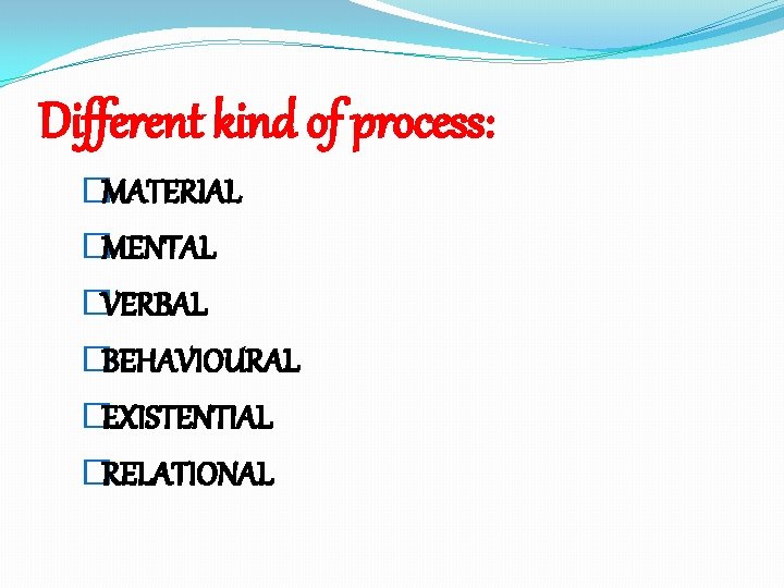 Different kind of process: �MATERIAL �MENTAL �VERBAL �BEHAVIOURAL �EXISTENTIAL �RELATIONAL 