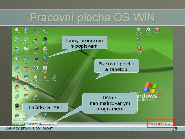 Pracovní plocha OS WIN Ikony programů s popiskem Pracovní plocha a tapetou Tlačítko START