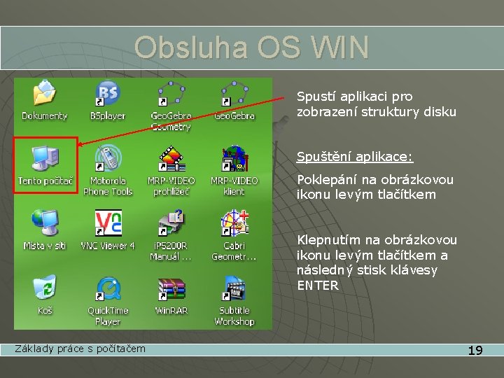 Obsluha OS WIN Spustí aplikaci pro zobrazení struktury disku Spuštění aplikace: Poklepání na obrázkovou