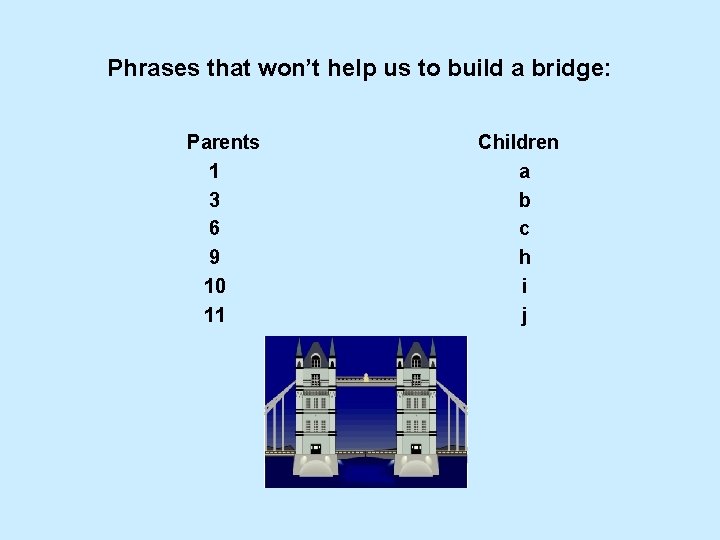 Phrases that won’t help us to build a bridge: Parents 1 3 6 9