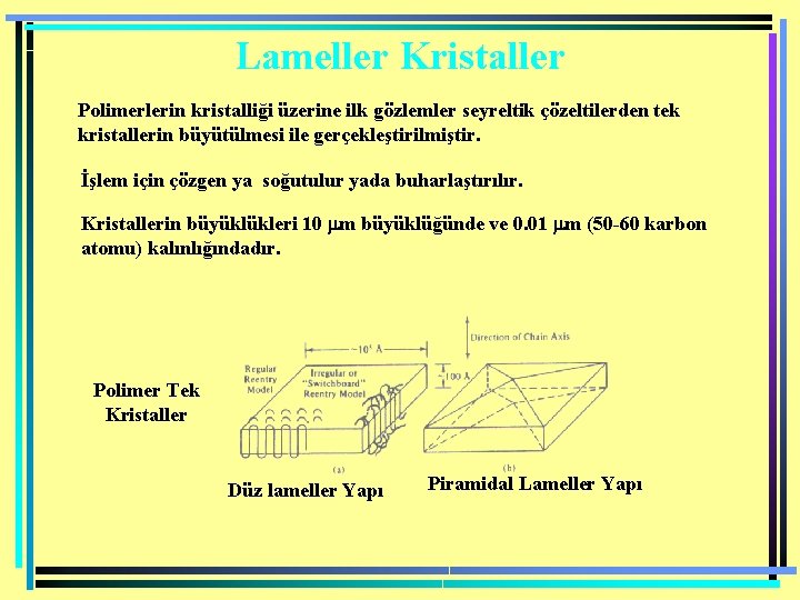 Lameller Kristaller Polimerlerin kristalliği üzerine ilk gözlemler seyreltik çözeltilerden tek kristallerin büyütülmesi ile gerçekleştirilmiştir.