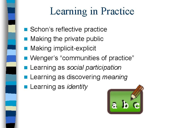 Learning in Practice n n n n Schon’s reflective practice Making the private public Learning in Practice n n n n Schon’s reflective practice Making the private public