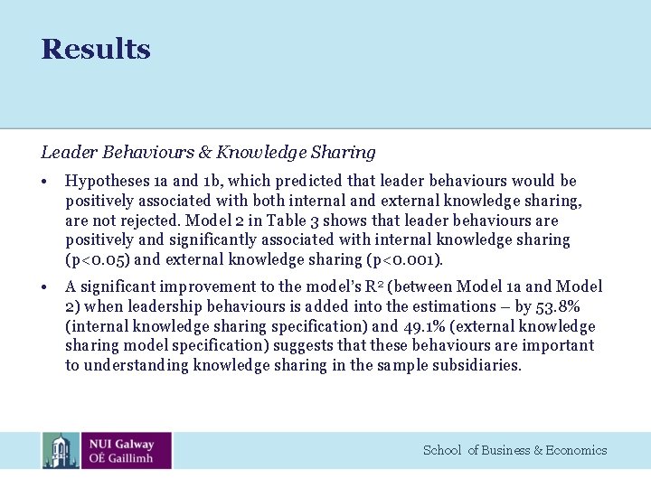 Results Leader Behaviours & Knowledge Sharing • Hypotheses 1 a and 1 b, which
