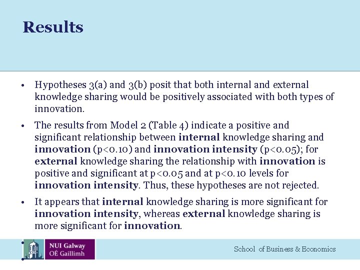 Results • Hypotheses 3(a) and 3(b) posit that both internal and external knowledge sharing