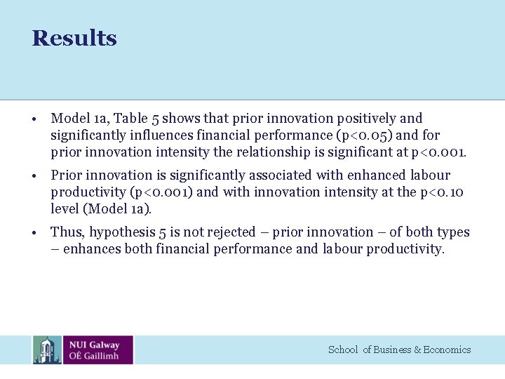 Results • Model 1 a, Table 5 shows that prior innovation positively and significantly