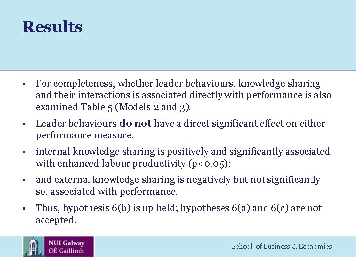 Results • For completeness, whether leader behaviours, knowledge sharing and their interactions is associated