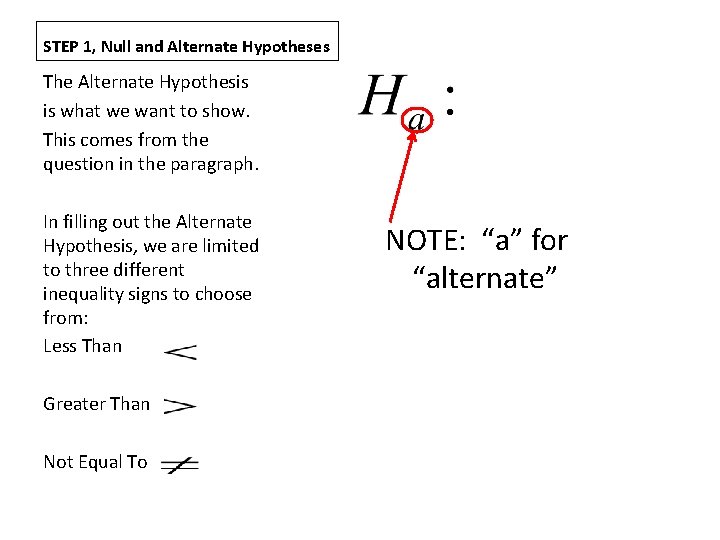 STEP 1, Null and Alternate Hypotheses The Alternate Hypothesis is what we want to