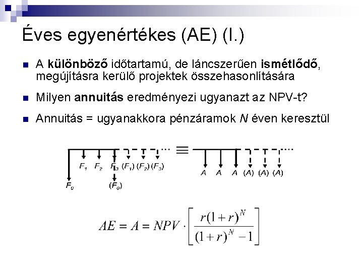 Éves egyenértékes (AE) (I. ) n A különböző időtartamú, de láncszerűen ismétlődő, megújításra kerülő