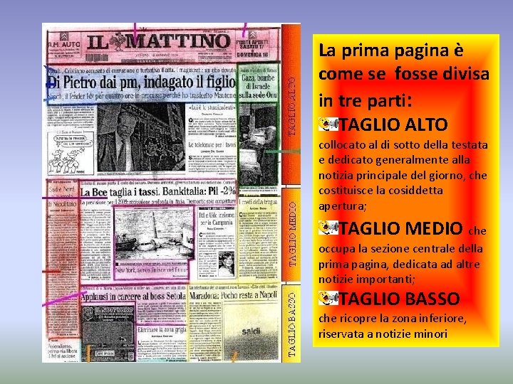 La prima pagina è come se fosse divisa in tre parti: TAGLIO ALTO collocato