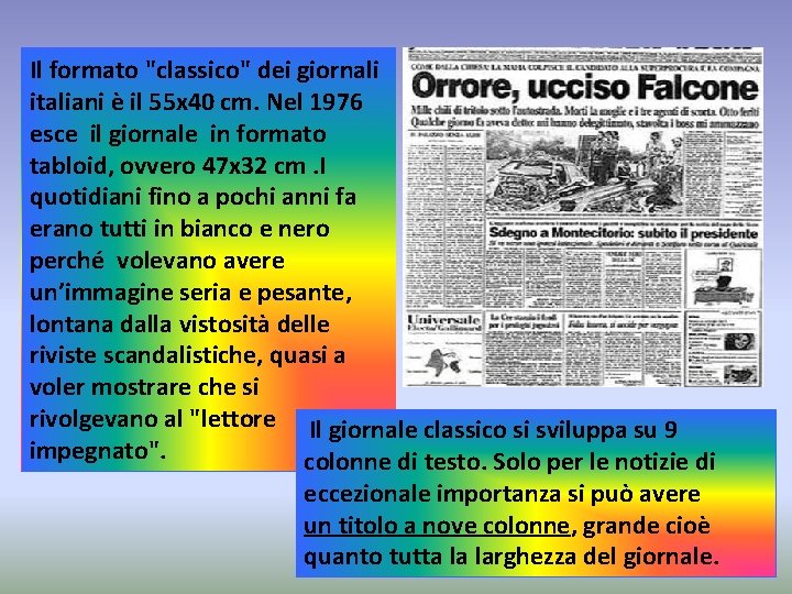 Il formato "classico" dei giornali italiani è il 55 x 40 cm. Nel 1976