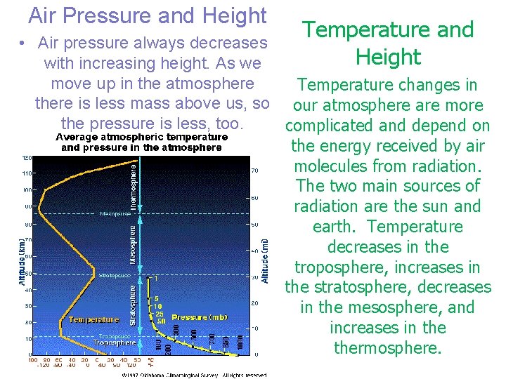 Air Pressure and Height Temperature and Height • Air pressure always decreases with increasing