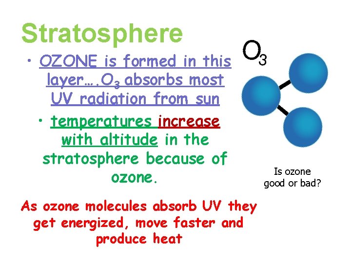 Stratosphere • OZONE is formed in this layer…. O 3 absorbs most UV radiation