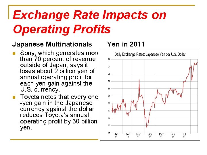 Exchange Rate Impacts on Operating Profits Japanese Multinationals n n Sony, which generates more