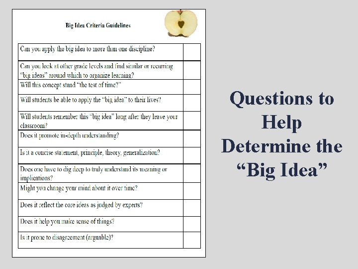 Questions to Help Determine the “Big Idea” 