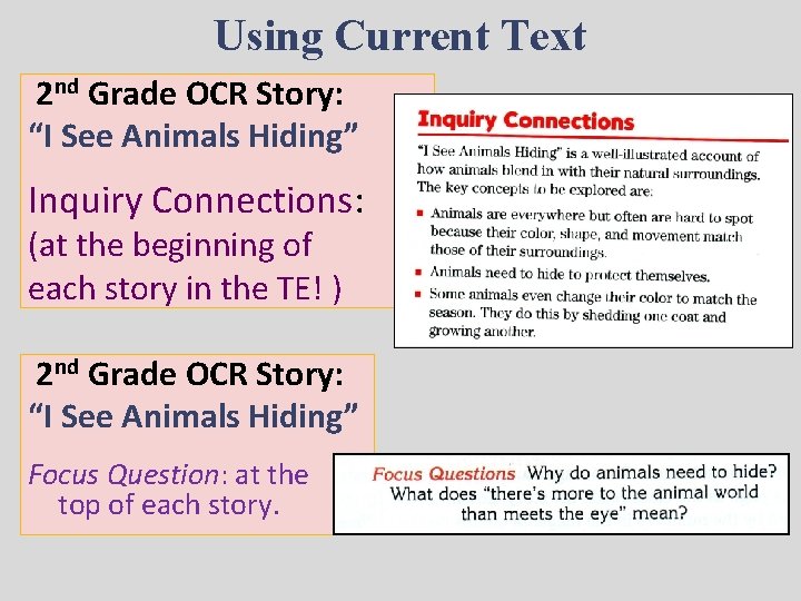 Using Current Text 2 nd Grade OCR Story: “I See Animals Hiding” Inquiry Connections: