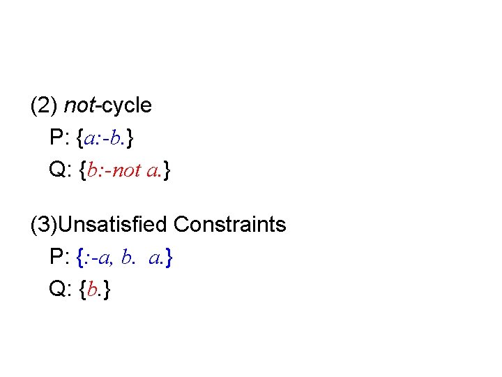 (2) not-cycle P: {a: -b. } Q: {b: -not a. } (3)Unsatisfied Constraints P: (2) not-cycle P: {a: -b. } Q: {b: -not a. } (3)Unsatisfied Constraints P: