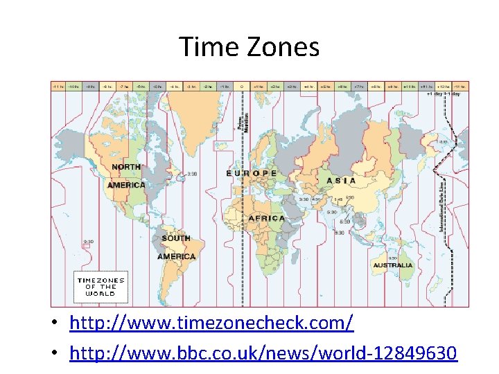 Time Zones • http: //www. timezonecheck. com/ • http: //www. bbc. co. uk/news/world-12849630 