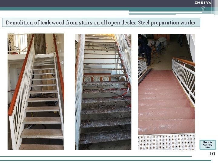 Demolition of teak wood from stairs on all open decks. Steel preparation works Back