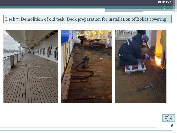 Deck 7: Demolition of old teak. Deck preparation for installation of Bolidt covering Back