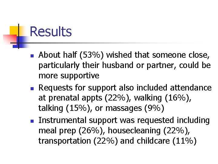 Results n n n About half (53%) wished that someone close, particularly their husband