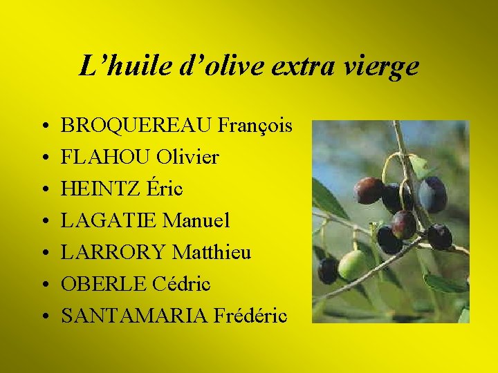 L’huile d’olive extra vierge • • BROQUEREAU François FLAHOU Olivier HEINTZ Éric LAGATIE Manuel