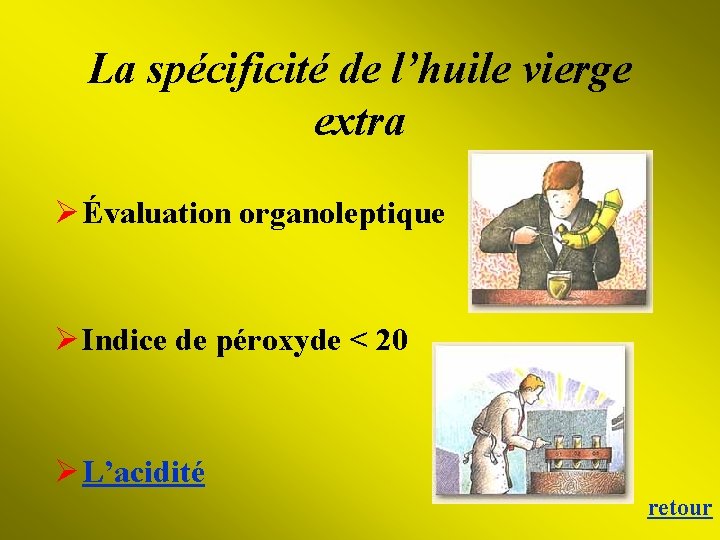 La spécificité de l’huile vierge extra Ø Évaluation organoleptique Ø Indice de péroxyde <