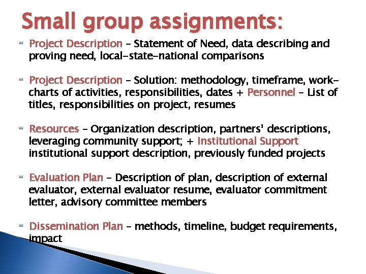 Small group assignments: Project Description – Statement of Need, data describing and proving need,