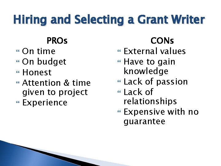 Hiring and Selecting a Grant Writer PROs On time On budget Honest Attention &