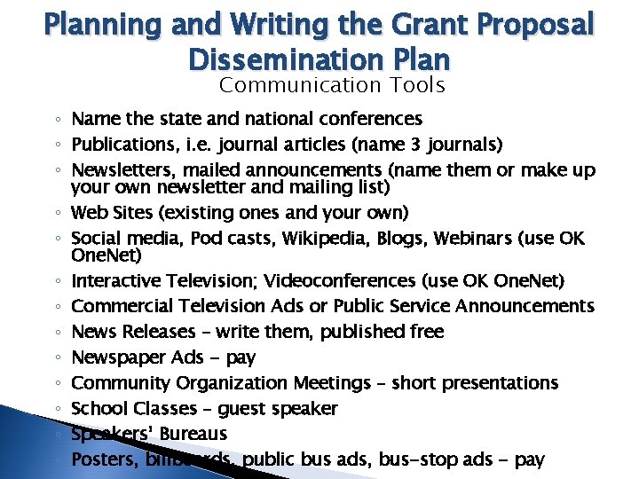 Planning and Writing the Grant Proposal Dissemination Plan Communication Tools ◦ Name the state