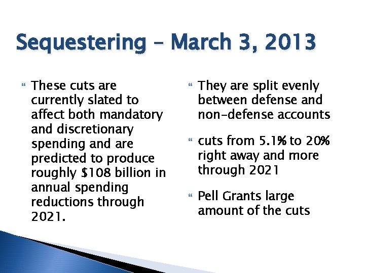 Sequestering – March 3, 2013 These cuts are currently slated to affect both mandatory