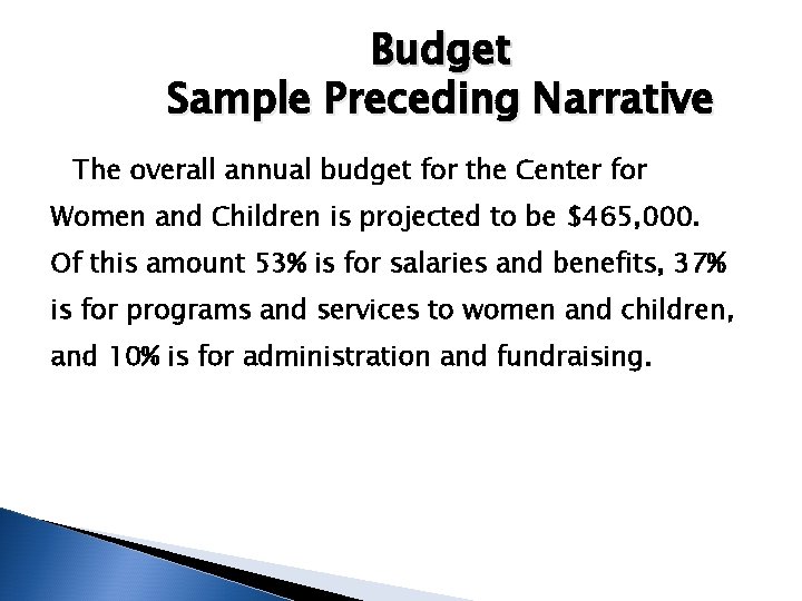 Budget Sample Preceding Narrative The overall annual budget for the Center for Women and