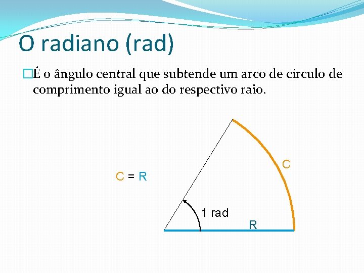 O radiano (rad) �É o ângulo central que subtende um arco de círculo de O radiano (rad) �É o ângulo central que subtende um arco de círculo de