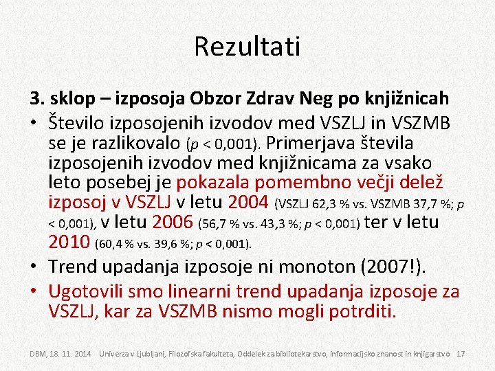 Rezultati 3. sklop – izposoja Obzor Zdrav Neg po knjižnicah • Število izposojenih izvodov