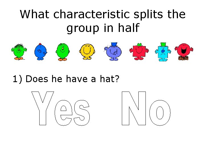 What characteristic splits the group in half 1) Does he have a hat? 